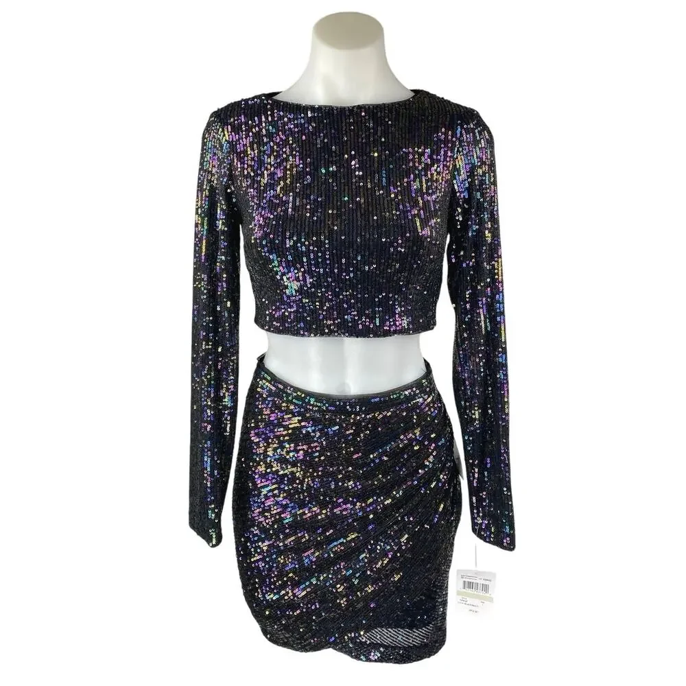 NEW Morgan & Co. Black Sequin Long Sleeve Crop Top Pencil Mini Skirt 2 Pc Set 1